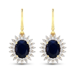 14K Yellow Gold Earrings 4.2 Carat Blue Sapphire (AA) Oval - 2Pcs + White Diamond F/C Round  0.836ct (Vault_Q) 