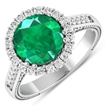 14K White Gold #7 Size Ring 2.75 Carat Zambian Emerald (AA) Round - 1Pc + White Diamond F/C Round  0.54ct (Vault_Q) 