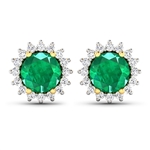 14K Yellow Gold Earrings 1.36 Carat Zambian Emerald (AA) Round - 2Pcs + White Diamond F/C Round  0.32ct (Vault_Q) 