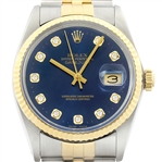  Rolex Mens Datejust 16013 18K Gold & Steel Blue Diamond Dial Watch w_ Rolex Band (Vault_CC)